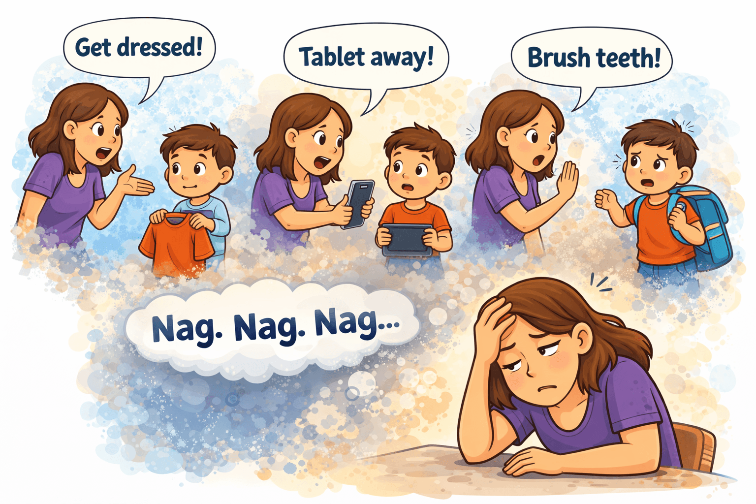 A tired parent reminding repeatedly