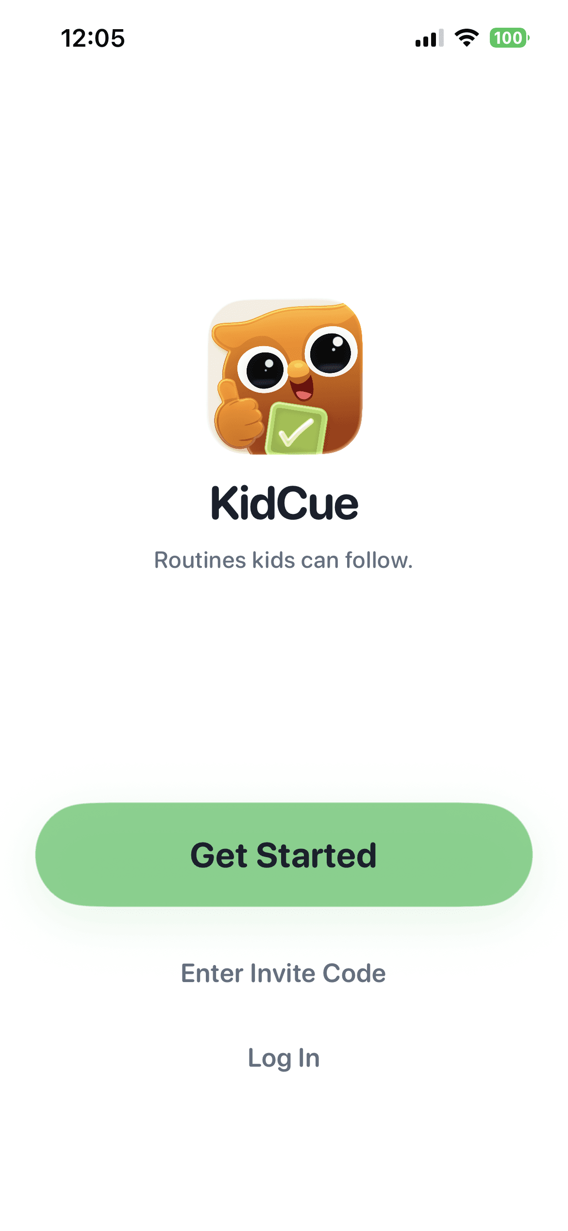 KidCue 邀请入口截图,显示开始按钮与输入邀请码入口