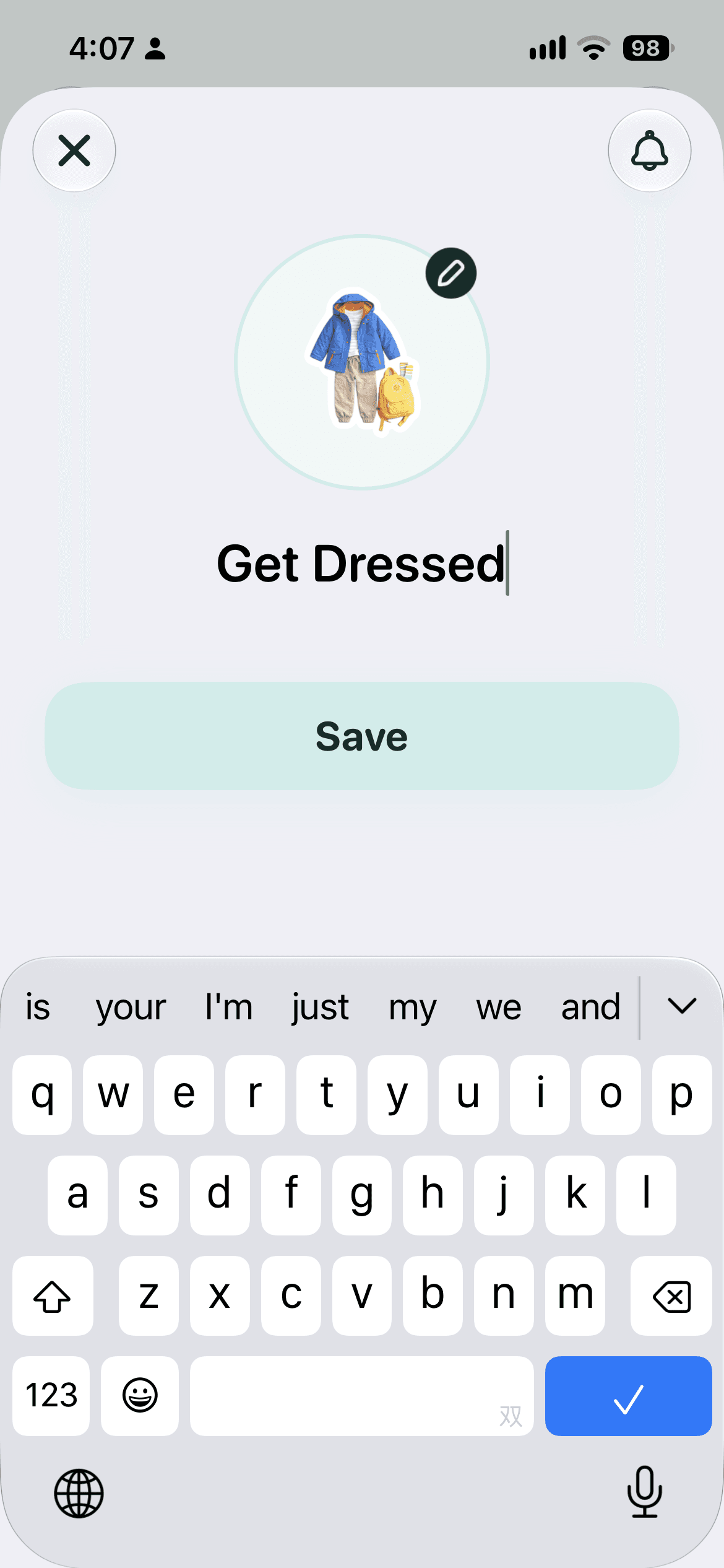 KidCue step editor with a clothing picture, Get Dressed name field, and Save button