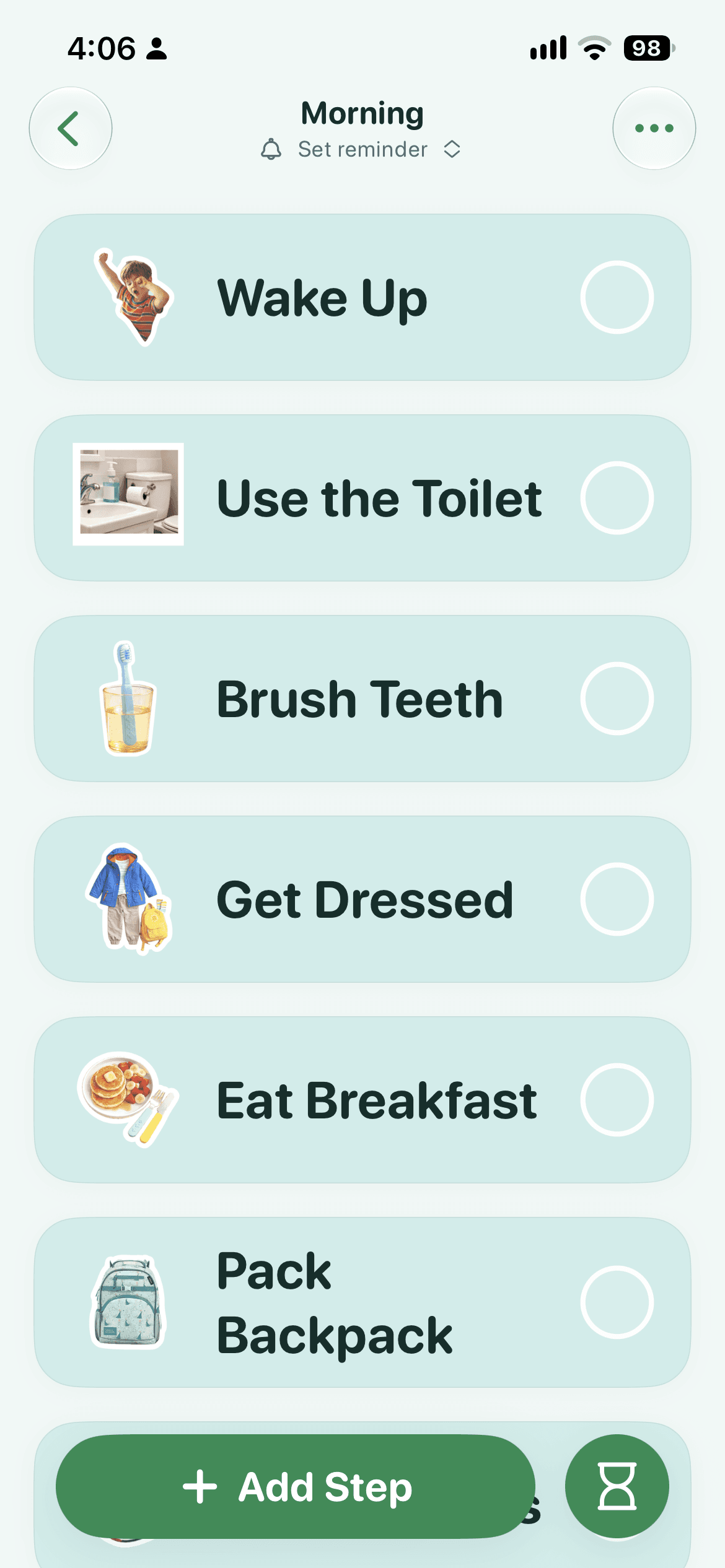 KidCue Morning routine showing photo cues and check circles for each get-ready step