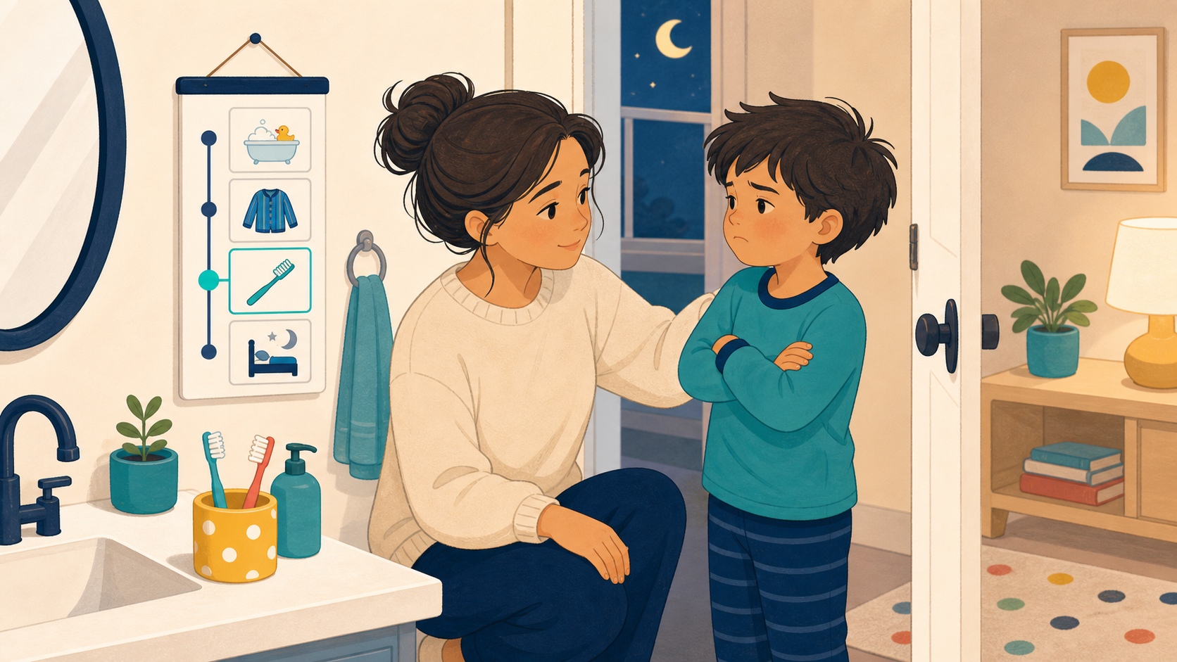 After brushing teeth, a child follows a calm bedtime routine with a parent nearby