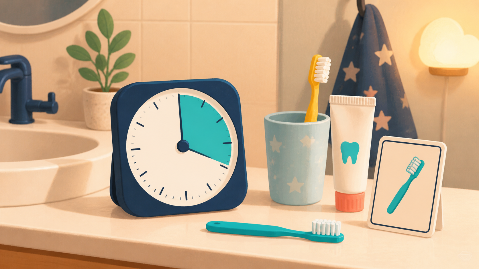 A calm parent holds the toothbrushing boundary while a child hesitates near the bathroom sink