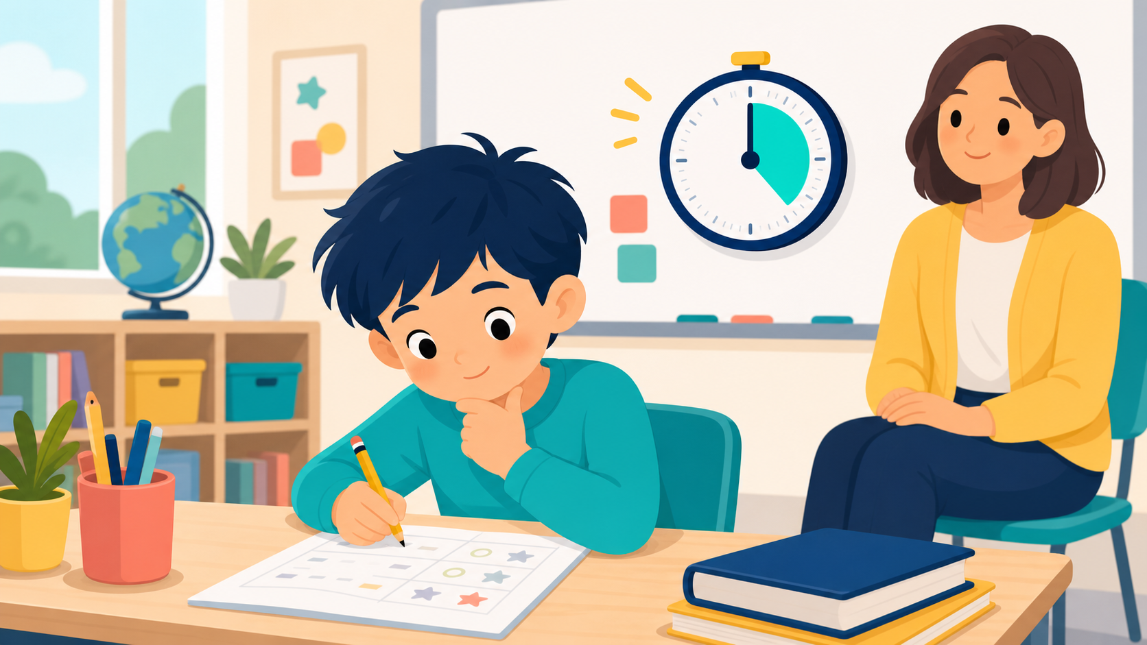 A child works while a teacher waits nearby and a visual timer shows the try-first window