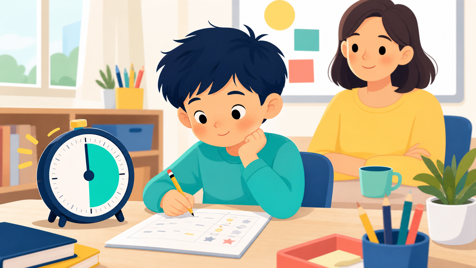 A child tries a worksheet with a visual timer nearby while an adult waits calmly