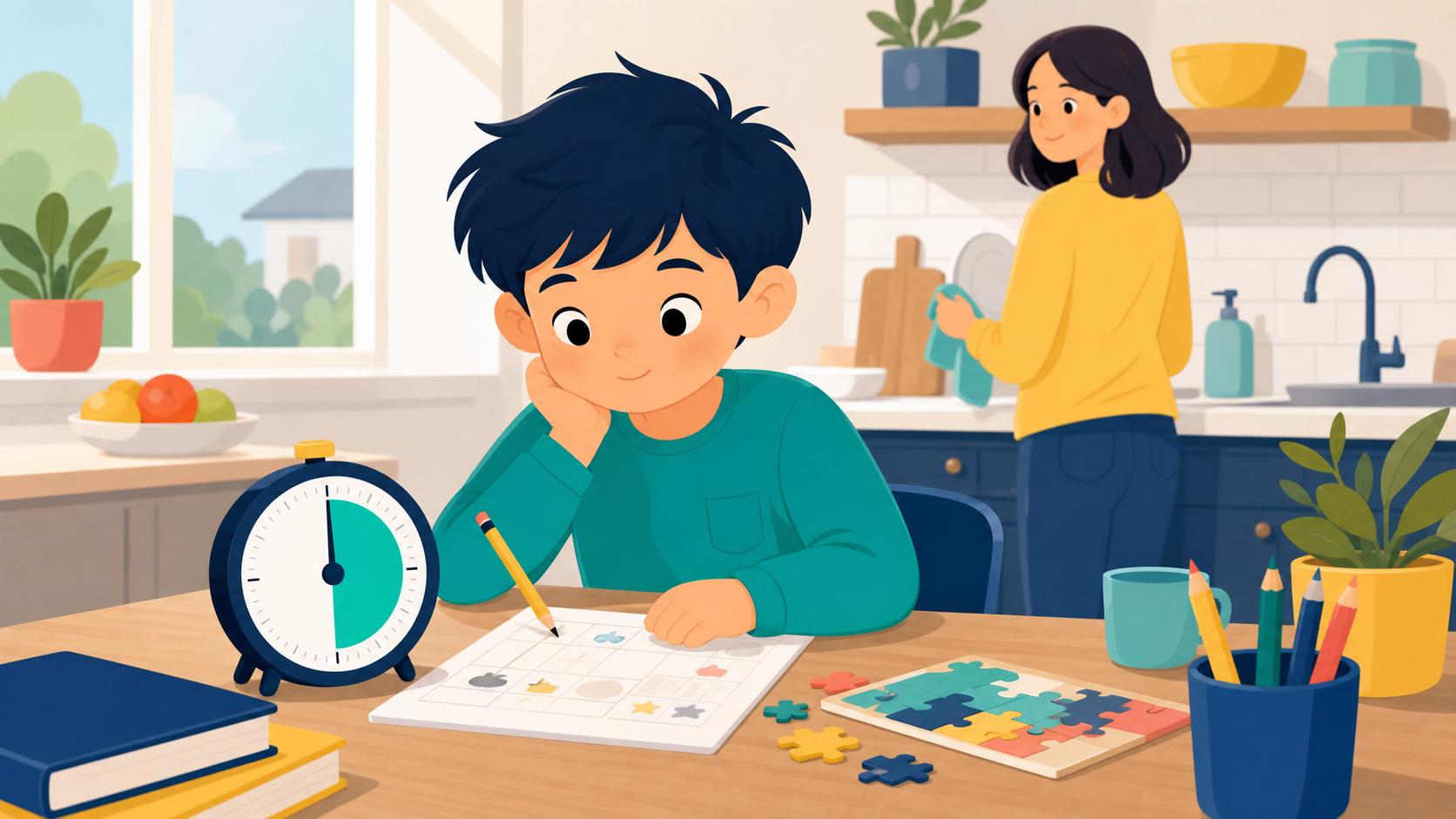 A child takes a wobbly go at a table while a parent stays nearby without hovering